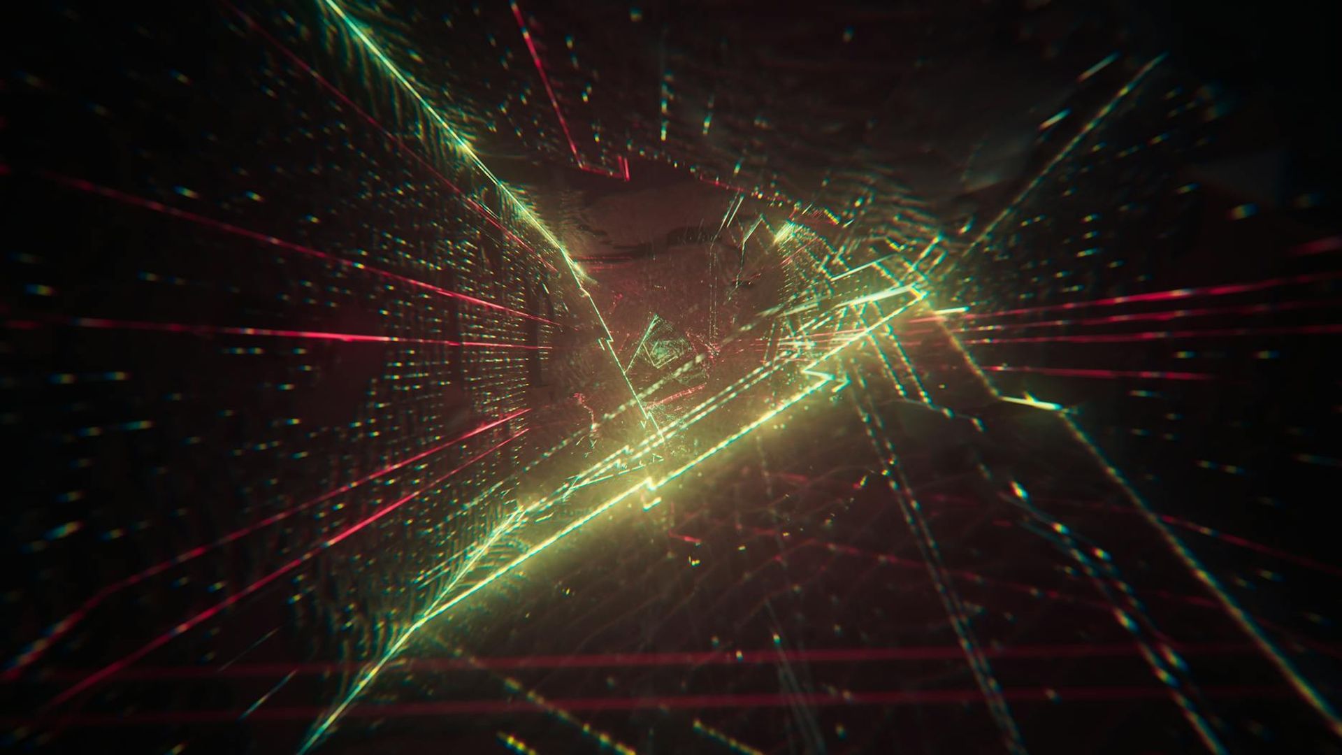 Abstract dark space with subtle light lines suggesting movement and energy.